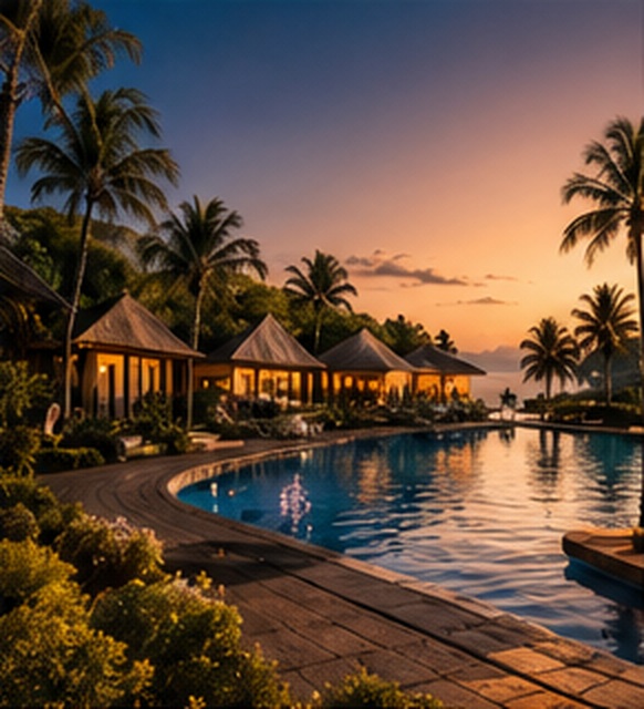 Infinity pool overlooking a tropical resort at dusk