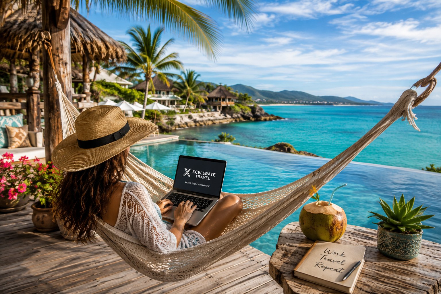 A Xcelerate Travel advisor working from a hammock beside a turquoise infinity pool, laptop open to the Xcelerate Travel homepage.