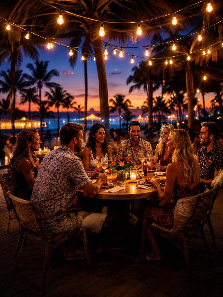 Advisors enjoying an evening dinner together under string lights