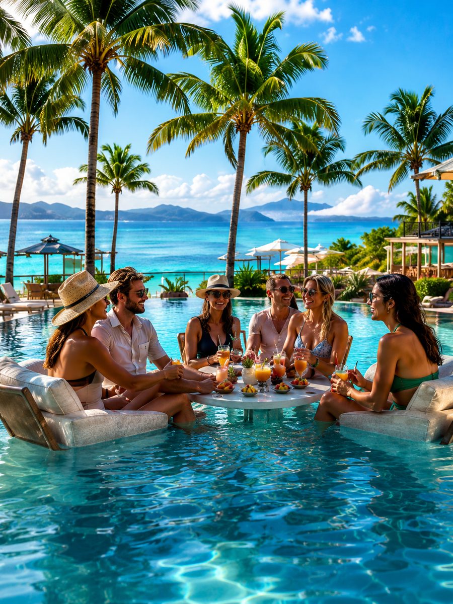 Advisors gathered around a floating table in a resort pool