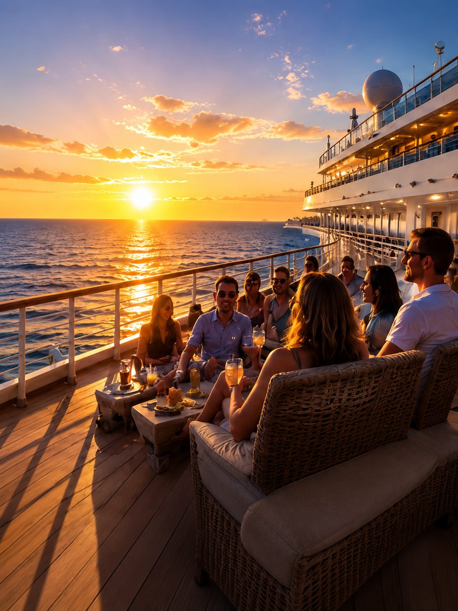 Advisors relaxing together on a cruise ship deck at sunset