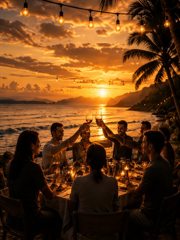 Advisors connecting over dinner at sunset
